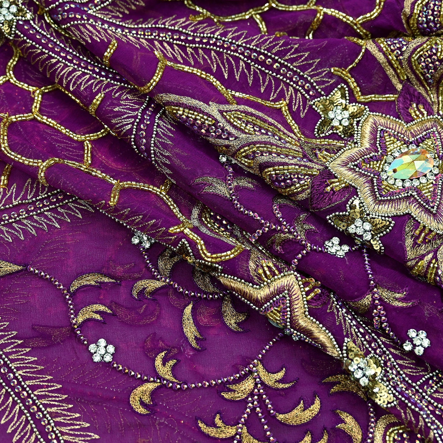 Indian Vintage Heavy Purple Dupatta Pure Georgette silk Long Stole Hand Embroidered Scarves Stole Veil Wrap Sequins