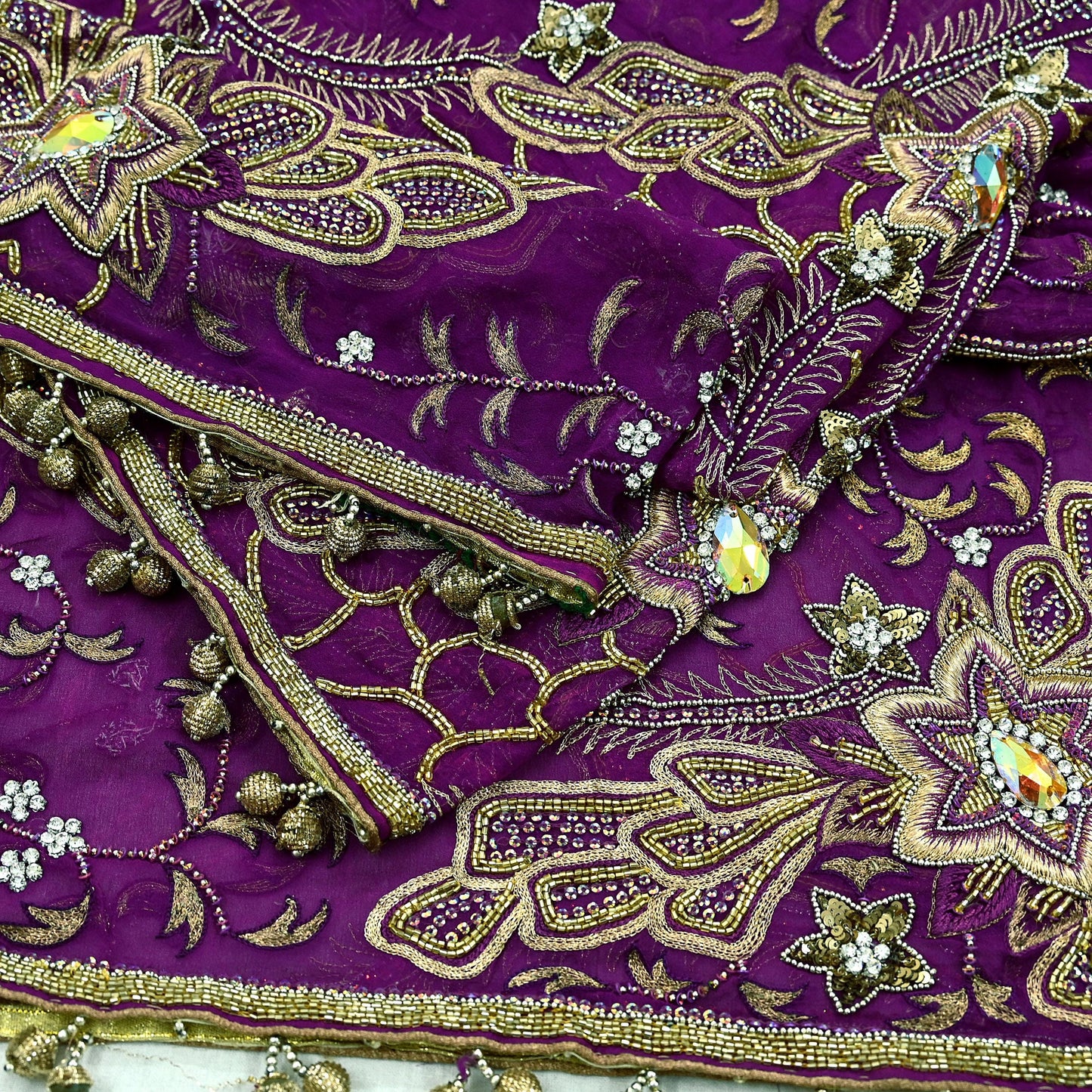 Indian Vintage Heavy Purple Dupatta Pure Georgette silk Long Stole Hand Embroidered Scarves Stole Veil Wrap Sequins