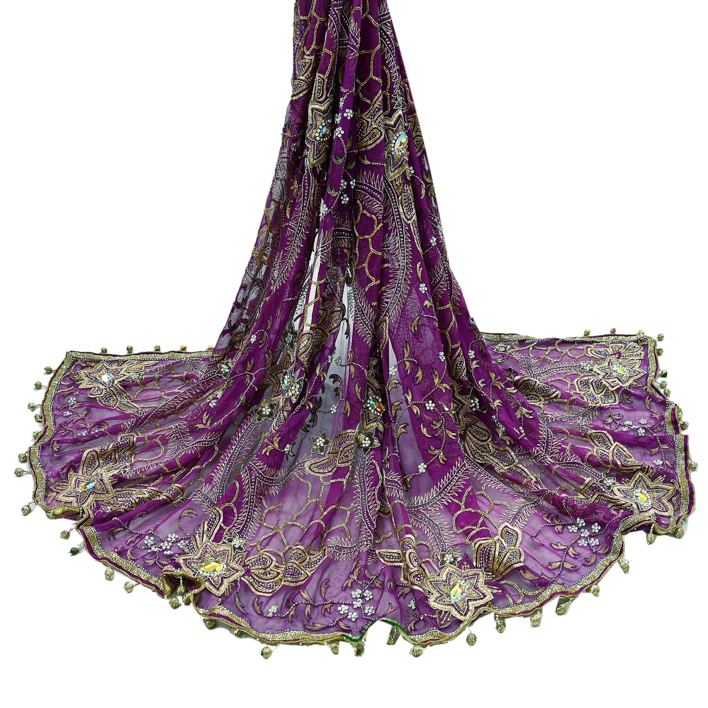 Indian Vintage Heavy Purple Dupatta Pure Georgette silk Long Stole Hand Embroidered Scarves Stole Veil Wrap Sequins