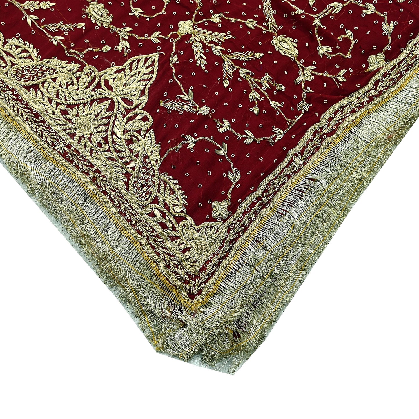 Indian Vintage Heavy Bridal Dupatta Maroon Pure Chiffon Silk Long Stole Hand Embroidered Hijab Scarf Zardozi/Dabka Zari Wedding Dupatta