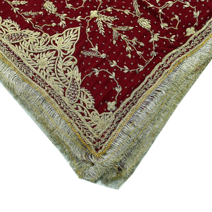 Indian Vintage Heavy Bridal Dupatta Maroon Pure Chiffon Silk Long Stole Hand Embroidered Hijab Scarf Zardozi/Dabka Zari Wedding Dupatta