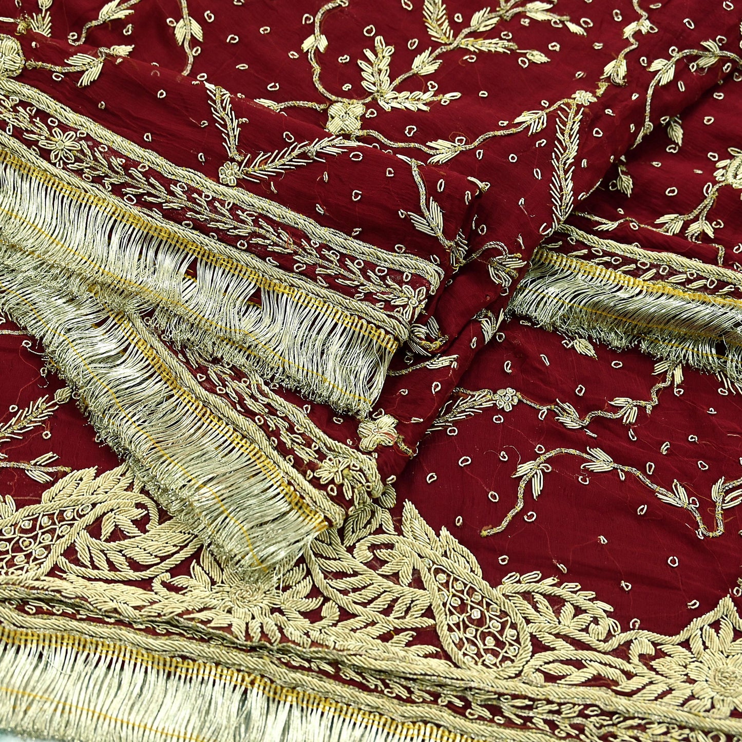 Indian Vintage Heavy Bridal Dupatta Maroon Pure Chiffon Silk Long Stole Hand Embroidered Hijab Scarf Zardozi/Dabka Zari Wedding Dupatta