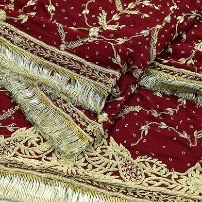 Indian Vintage Heavy Bridal Dupatta Maroon Pure Chiffon Silk Long Stole Hand Embroidered Hijab Scarf Zardozi/Dabka Zari Wedding Dupatta