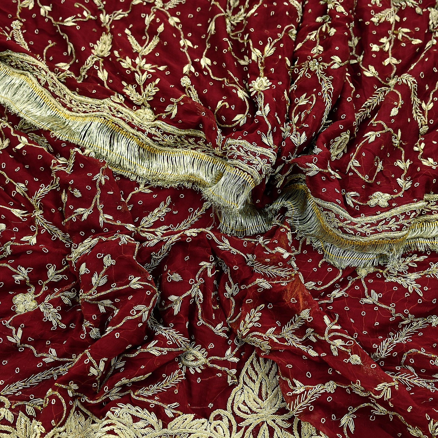 Indian Vintage Heavy Bridal Dupatta Maroon Pure Chiffon Silk Long Stole Hand Embroidered Hijab Scarf Zardozi/Dabka Zari Wedding Dupatta