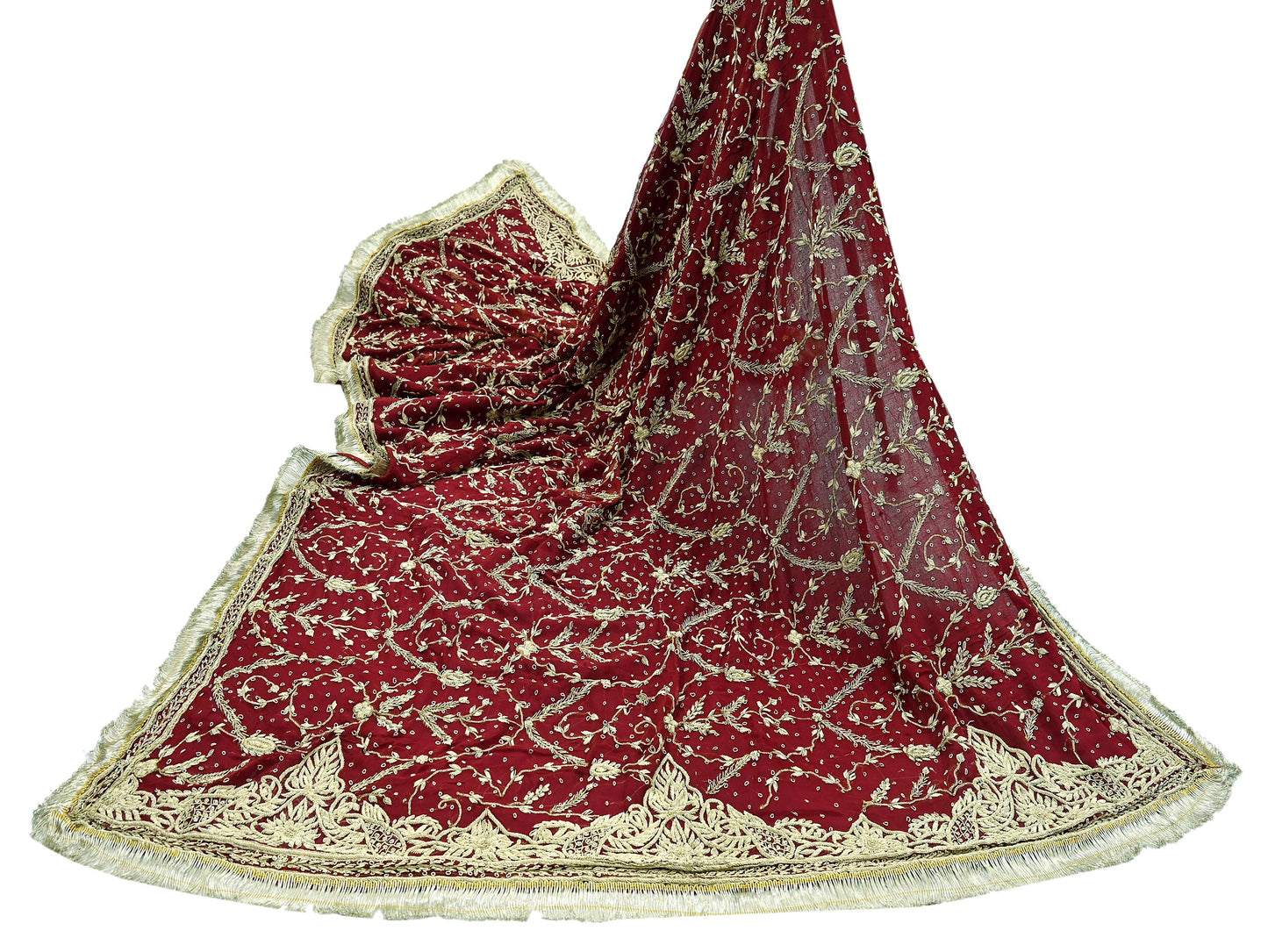 Indian Vintage Heavy Bridal Dupatta Maroon Pure Chiffon Silk Long Stole Hand Embroidered Hijab Scarf Zardozi/Dabka Zari Wedding Dupatta