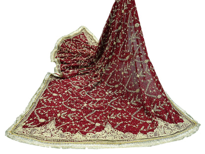 Indian Vintage Heavy Bridal Dupatta Maroon Pure Chiffon Silk Long Stole Hand Embroidered Hijab Scarf Zardozi/Dabka Zari Wedding Dupatta