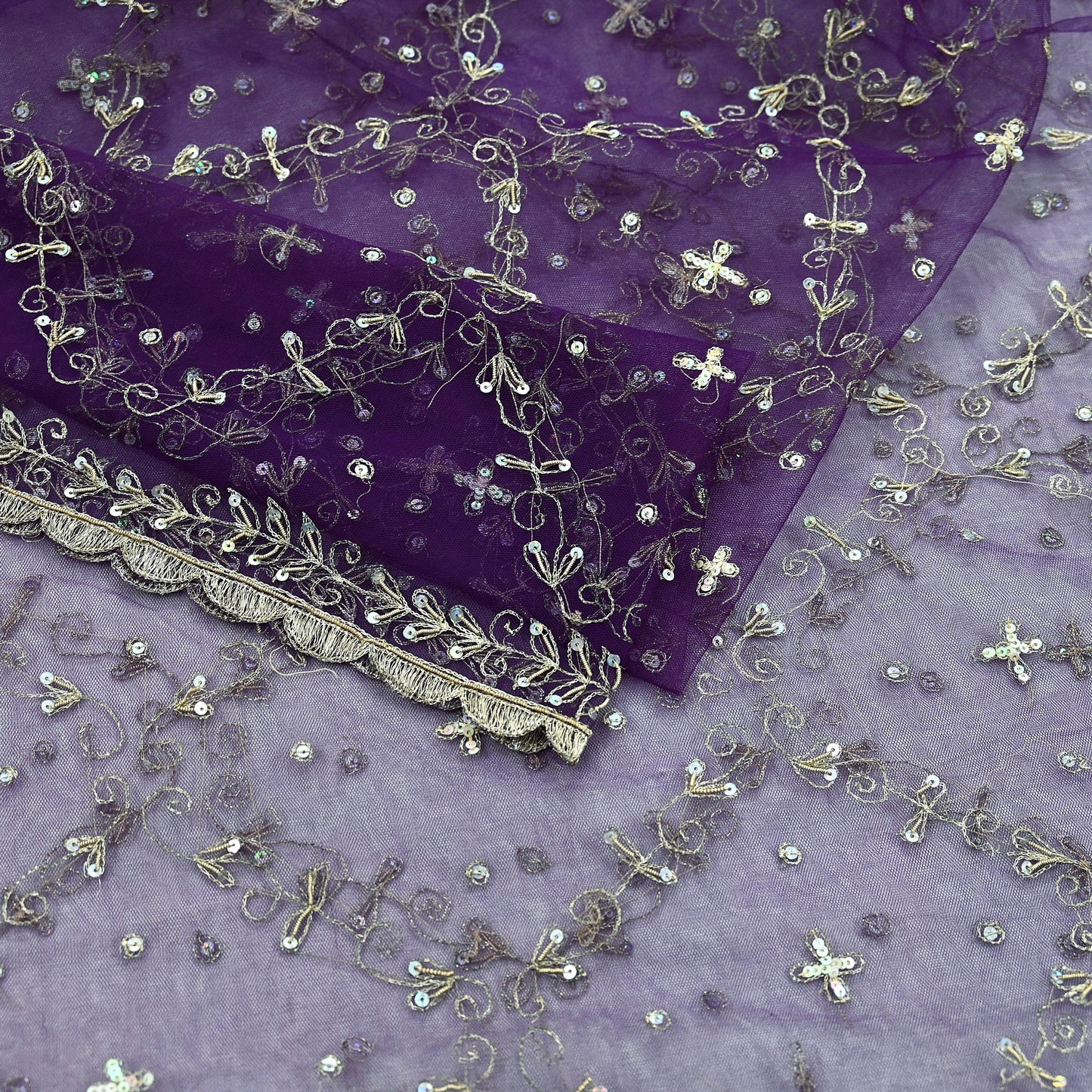 Indian Vintage Purple Dupatta Net Mesh Long Stole Hand Embroidered Scarves Golden Zardozi Zari Sequins Wedding/ Bridal Veil Hijab