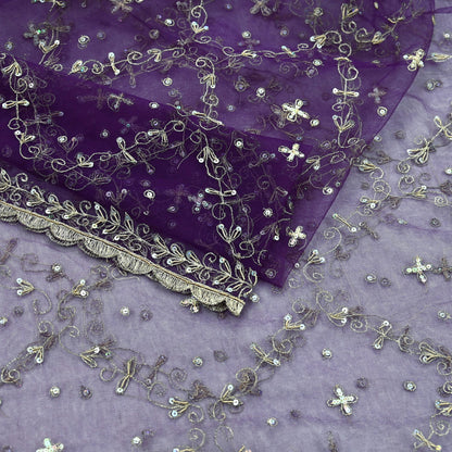 Indian Vintage Purple Dupatta Net Mesh Long Stole Hand Embroidered Scarves Golden Zardozi Zari Sequins Wedding/ Bridal Veil Hijab