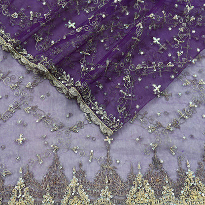 Indian Vintage Purple Dupatta Net Mesh Long Stole Hand Embroidered Scarves Golden Zardozi Zari Sequins Wedding/ Bridal Veil Hijab