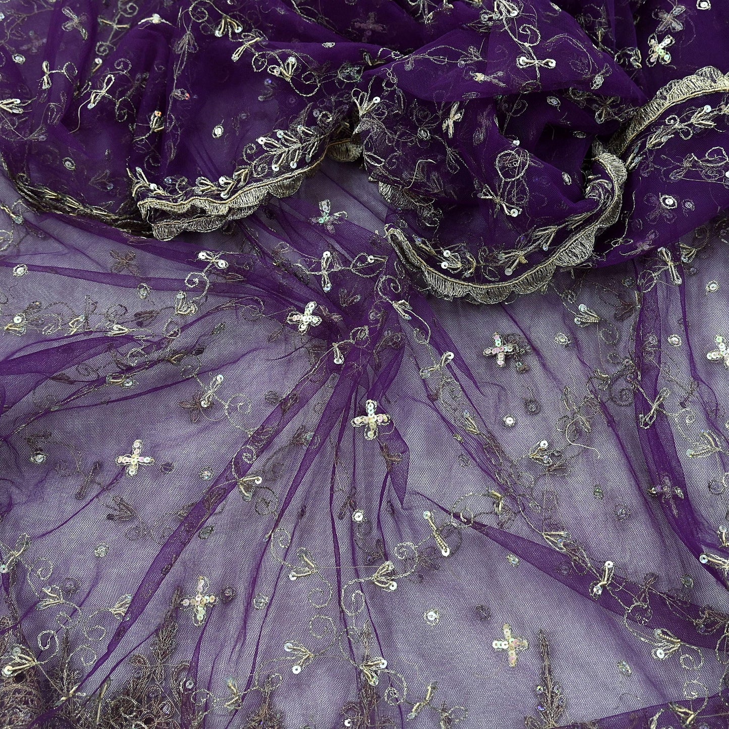 Indian Vintage Purple Dupatta Net Mesh Long Stole Hand Embroidered Scarves Golden Zardozi Zari Sequins Wedding/ Bridal Veil Hijab