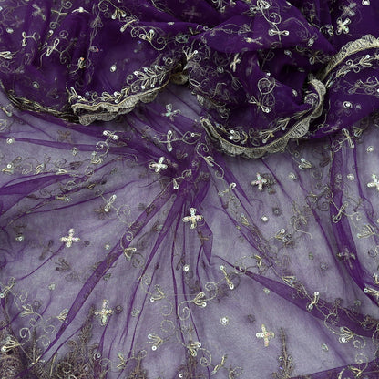 Indian Vintage Purple Dupatta Net Mesh Long Stole Hand Embroidered Scarves Golden Zardozi Zari Sequins Wedding/ Bridal Veil Hijab