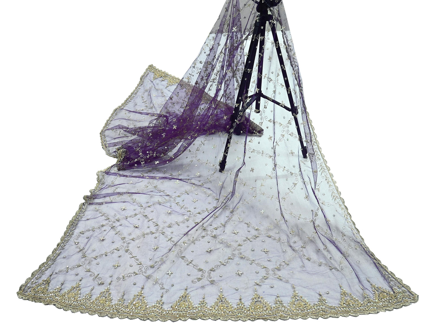 Indian Vintage Purple Dupatta Net Mesh Long Stole Hand Embroidered Scarves Golden Zardozi Zari Sequins Wedding/ Bridal Veil Hijab