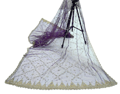 Indian Vintage Purple Dupatta Net Mesh Long Stole Hand Embroidered Scarves Golden Zardozi Zari Sequins Wedding/ Bridal Veil Hijab