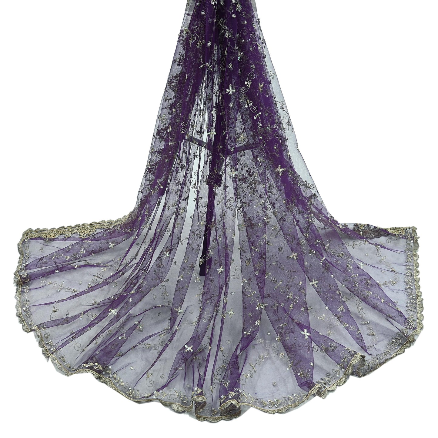 Indian Vintage Purple Dupatta Net Mesh Long Stole Hand Embroidered Scarves Golden Zardozi Zari Sequins Wedding/ Bridal Veil Hijab