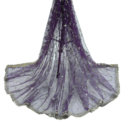Indian Vintage Purple Dupatta Net Mesh Long Stole Hand Embroidered Scarves Golden Zardozi Zari Sequins Wedding/ Bridal Veil Hijab