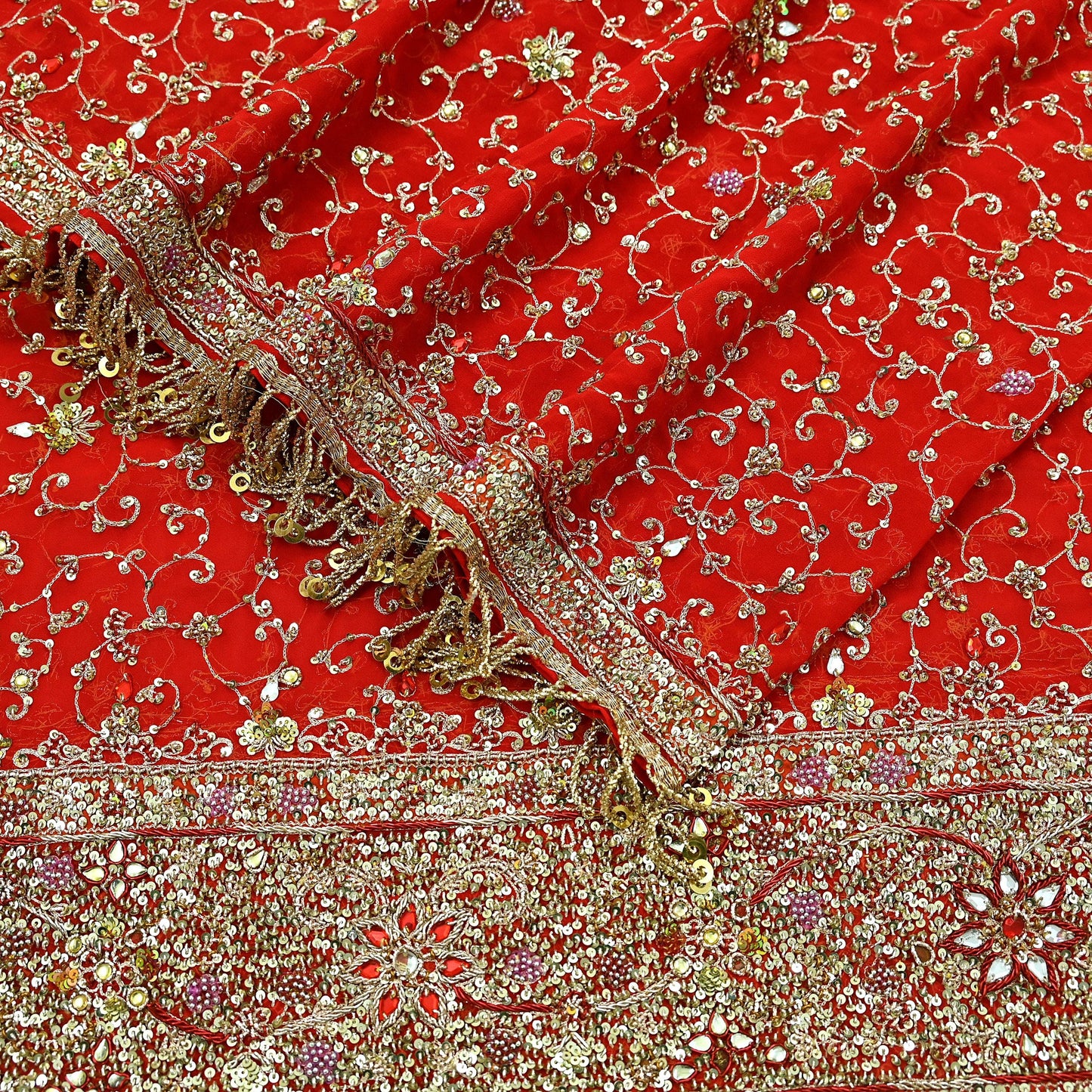 Indian Vintage Heavy Bridal Tomato Red Dupatta Pure Georgette Silk Long Stole Hand Embroidered Scarf Zardozi/Dabka Wedding red Hijab veil