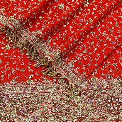 Indian Vintage Heavy Bridal Tomato Red Dupatta Pure Georgette Silk Long Stole Hand Embroidered Scarf Zardozi/Dabka Wedding red Hijab veil