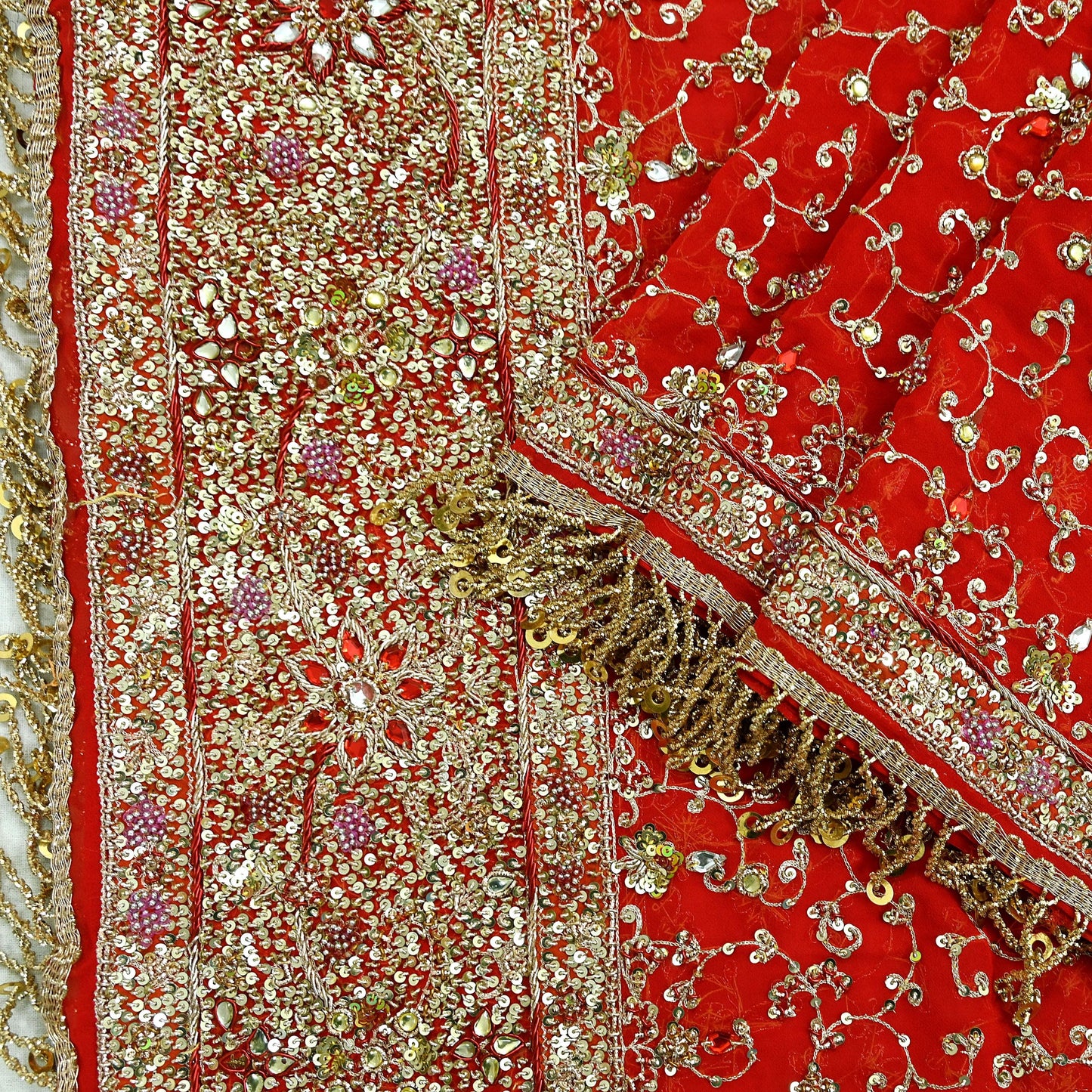 Indian Vintage Heavy Bridal Tomato Red Dupatta Pure Georgette Silk Long Stole Hand Embroidered Scarf Zardozi/Dabka Wedding red Hijab veil