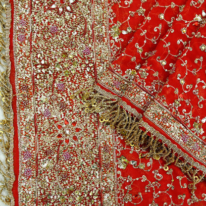 Indian Vintage Heavy Bridal Tomato Red Dupatta Pure Georgette Silk Long Stole Hand Embroidered Scarf Zardozi/Dabka Wedding red Hijab veil