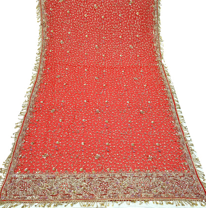 Indian Vintage Heavy Bridal Tomato Red Dupatta Pure Georgette Silk Long Stole Hand Embroidered Scarf Zardozi/Dabka Wedding red Hijab veil