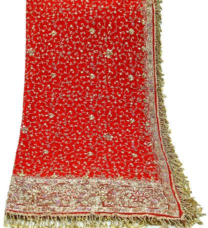 Indian Vintage Heavy Bridal Tomato Red Dupatta Pure Georgette Silk Long Stole Hand Embroidered Scarf Zardozi/Dabka Wedding red Hijab veil