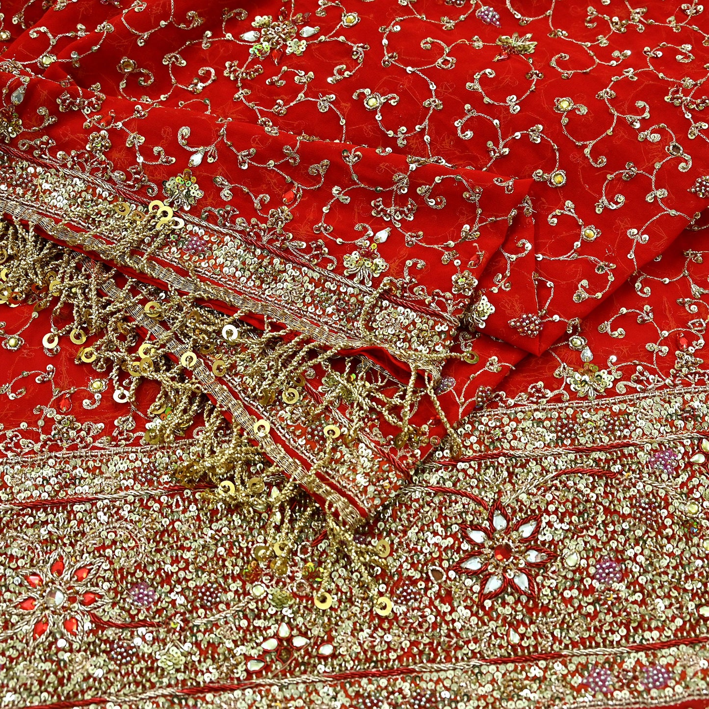 Indian Vintage Heavy Bridal Tomato Red Dupatta Pure Georgette Silk Long Stole Hand Embroidered Scarf Zardozi/Dabka Wedding red Hijab veil