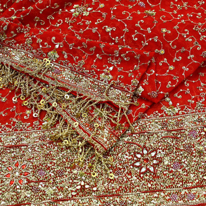 Indian Vintage Heavy Bridal Tomato Red Dupatta Pure Georgette Silk Long Stole Hand Embroidered Scarf Zardozi/Dabka Wedding red Hijab veil