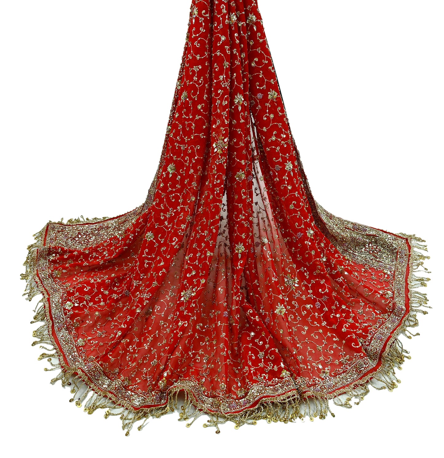 Indian Vintage Heavy Bridal Tomato Red Dupatta Pure Georgette Silk Long Stole Hand Embroidered Scarf Zardozi/Dabka Wedding red Hijab veil