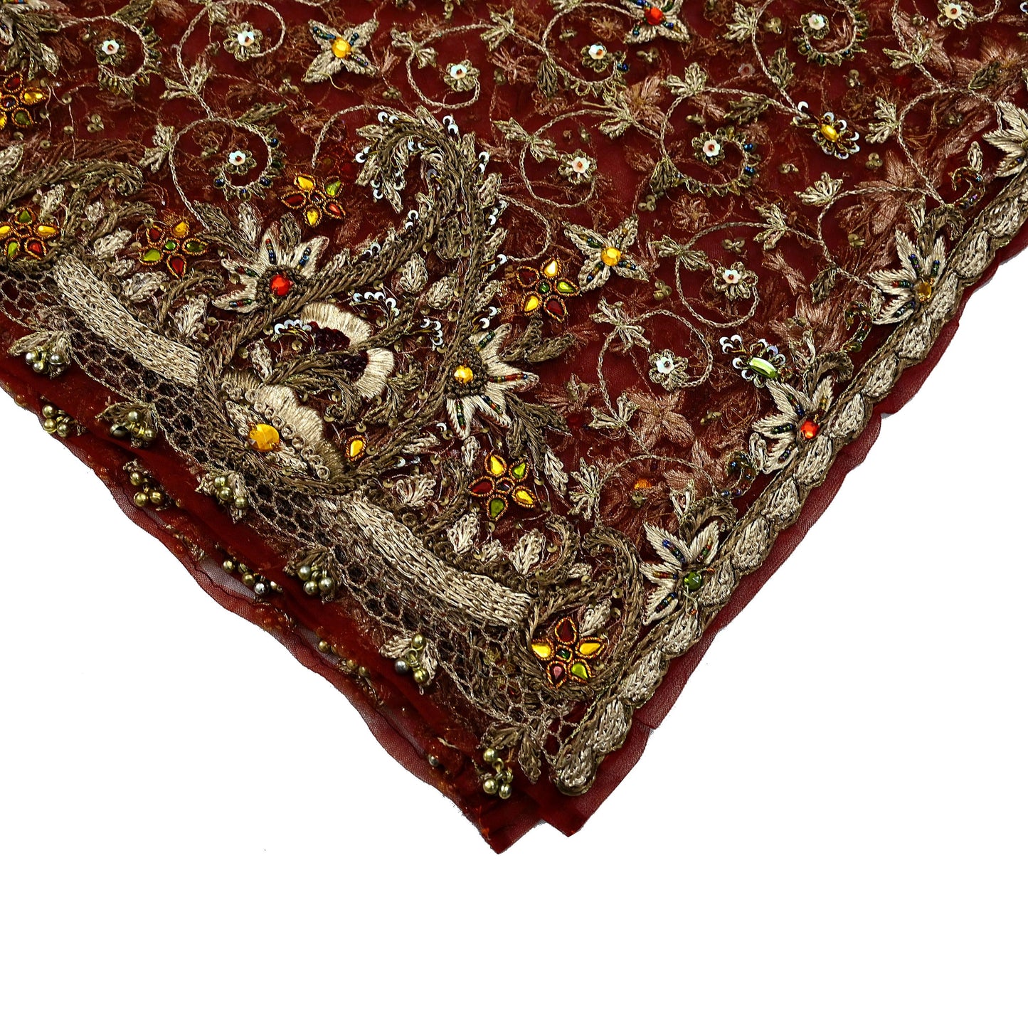 Indian Vintage Heavy Wedding Maroon Dupatta Net Mesh Long Stole Hand Embroidered Scarves Golden Zardozi Zari Sequins Dridal Veil Hijab