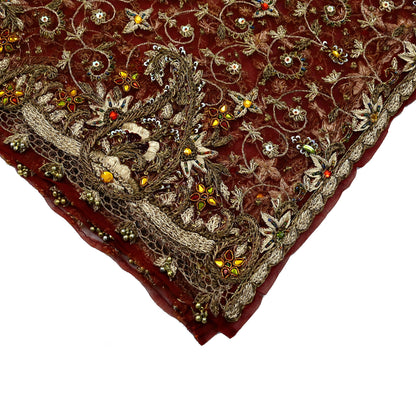 Indian Vintage Heavy Wedding Maroon Dupatta Net Mesh Long Stole Hand Embroidered Scarves Golden Zardozi Zari Sequins Dridal Veil Hijab