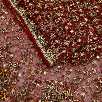 Indian Vintage Heavy Wedding Maroon Dupatta Net Mesh Long Stole Hand Embroidered Scarves Golden Zardozi Zari Sequins Dridal Veil Hijab