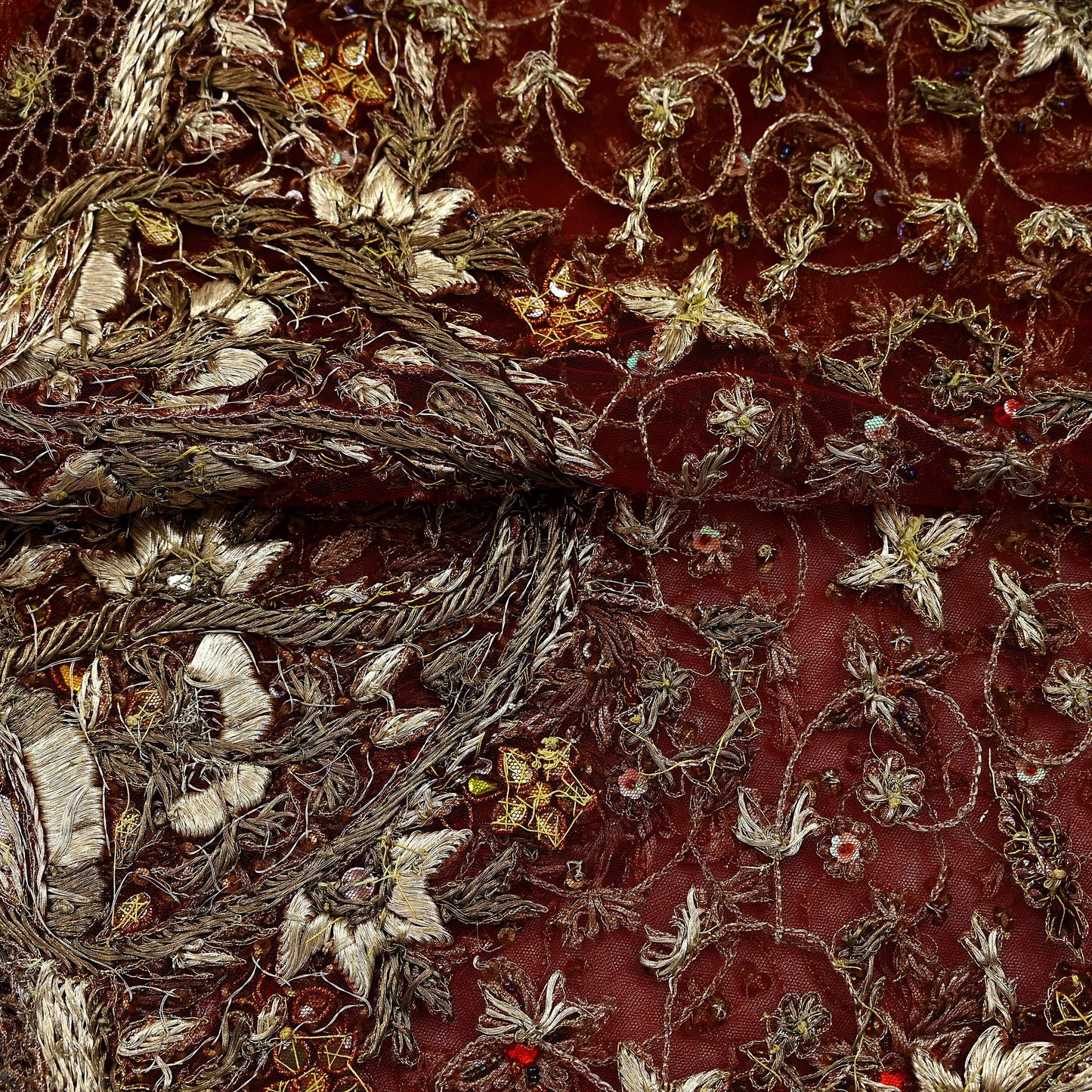 Indian Vintage Heavy Wedding Maroon Dupatta Net Mesh Long Stole Hand Embroidered Scarves Golden Zardozi Zari Sequins Dridal Veil Hijab