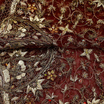 Indian Vintage Heavy Wedding Maroon Dupatta Net Mesh Long Stole Hand Embroidered Scarves Golden Zardozi Zari Sequins Dridal Veil Hijab