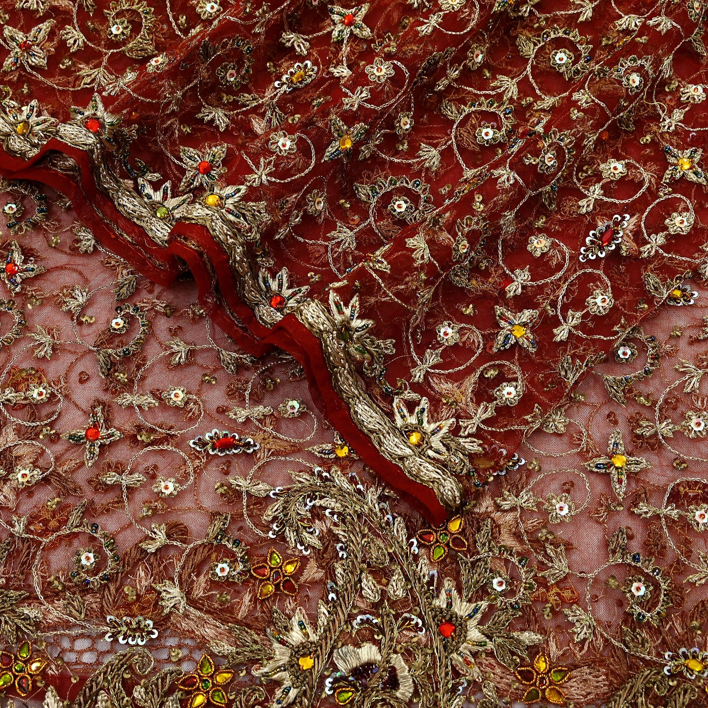 Indian Vintage Heavy Wedding Maroon Dupatta Net Mesh Long Stole Hand Embroidered Scarves Golden Zardozi Zari Sequins Dridal Veil Hijab