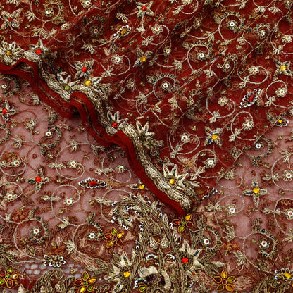 Indian Vintage Heavy Wedding Maroon Dupatta Net Mesh Long Stole Hand Embroidered Scarves Golden Zardozi Zari Sequins Dridal Veil Hijab