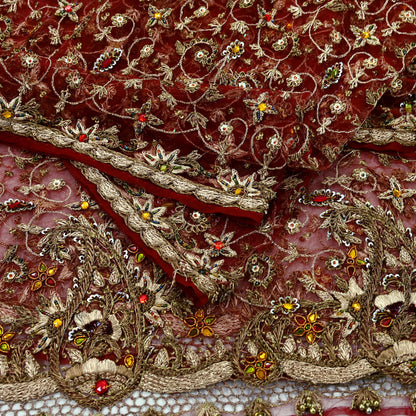 Indian Vintage Heavy Wedding Maroon Dupatta Net Mesh Long Stole Hand Embroidered Scarves Golden Zardozi Zari Sequins Dridal Veil Hijab