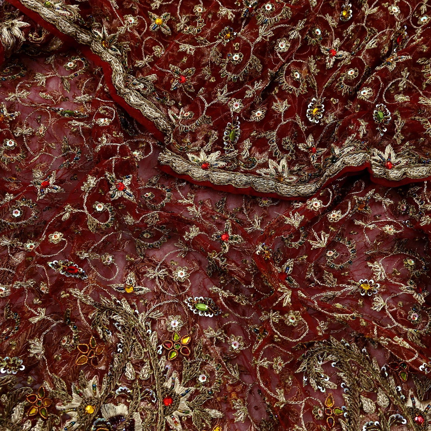 Indian Vintage Heavy Wedding Maroon Dupatta Net Mesh Long Stole Hand Embroidered Scarves Golden Zardozi Zari Sequins Dridal Veil Hijab