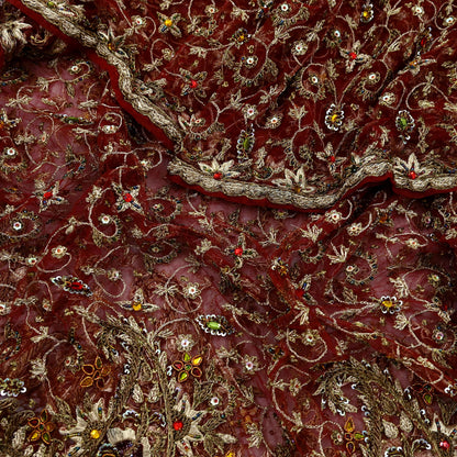 Indian Vintage Heavy Wedding Maroon Dupatta Net Mesh Long Stole Hand Embroidered Scarves Golden Zardozi Zari Sequins Dridal Veil Hijab