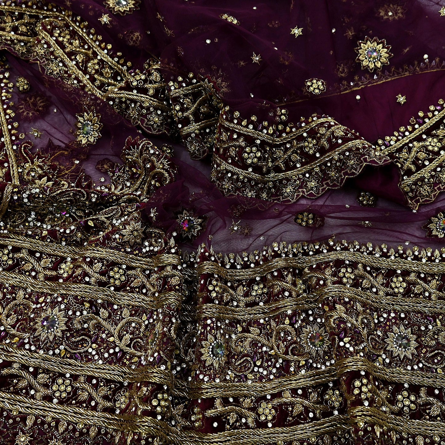 Indian Vintage Heavy Purple Dupatta Net Mesh Long Stole Hand Embroidered Scarves Golden Zardozi Dabka Zari Stole