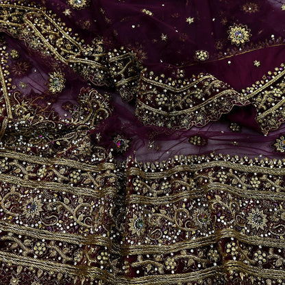 Indian Vintage Heavy Purple Dupatta Net Mesh Long Stole Hand Embroidered Scarves Golden Zardozi Dabka Zari Stole