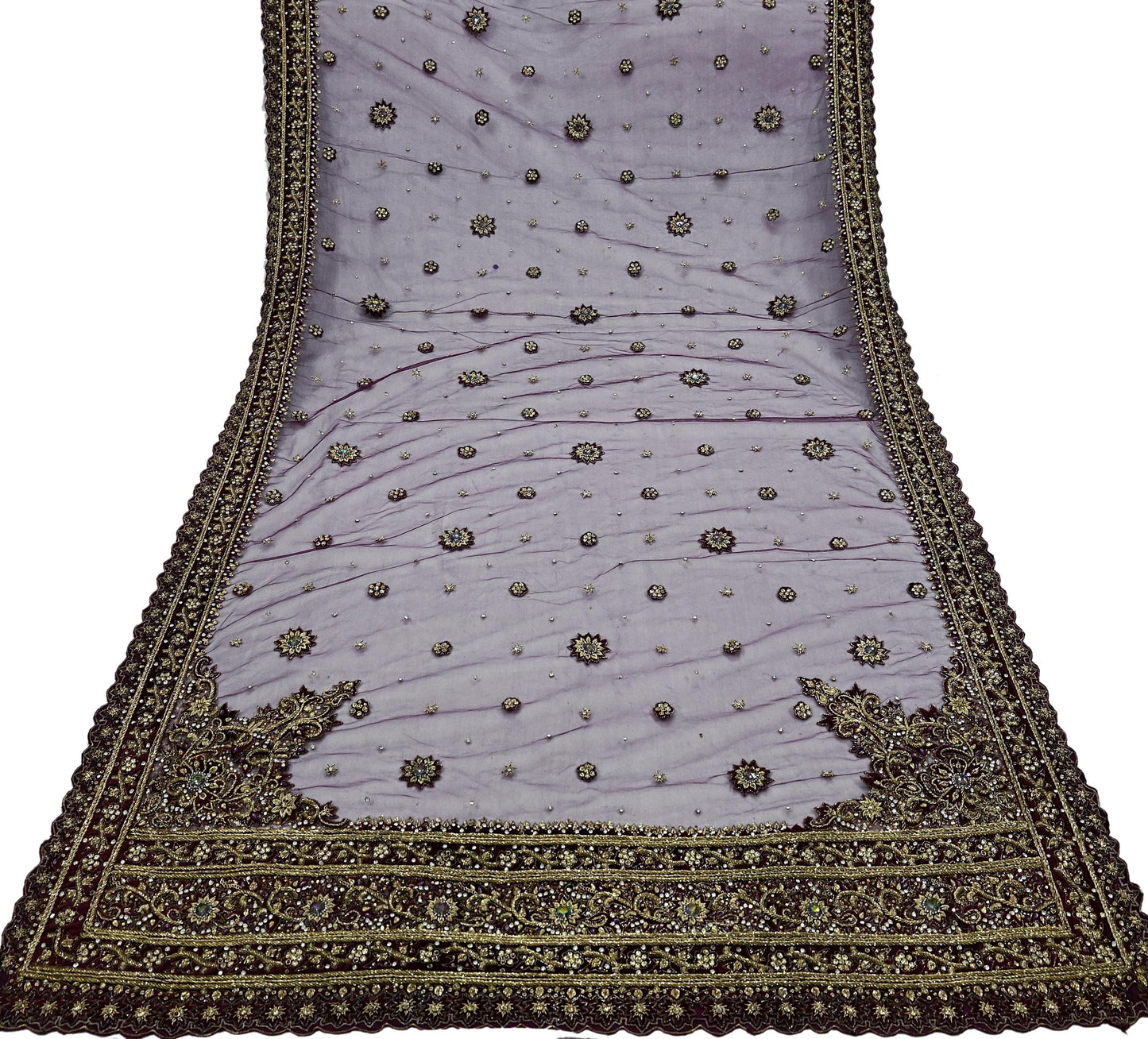 Indian Vintage Heavy Purple Dupatta Net Mesh Long Stole Hand Embroidered Scarves Golden Zardozi Dabka Zari Stole