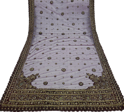 Indian Vintage Heavy Purple Dupatta Net Mesh Long Stole Hand Embroidered Scarves Golden Zardozi Dabka Zari Stole