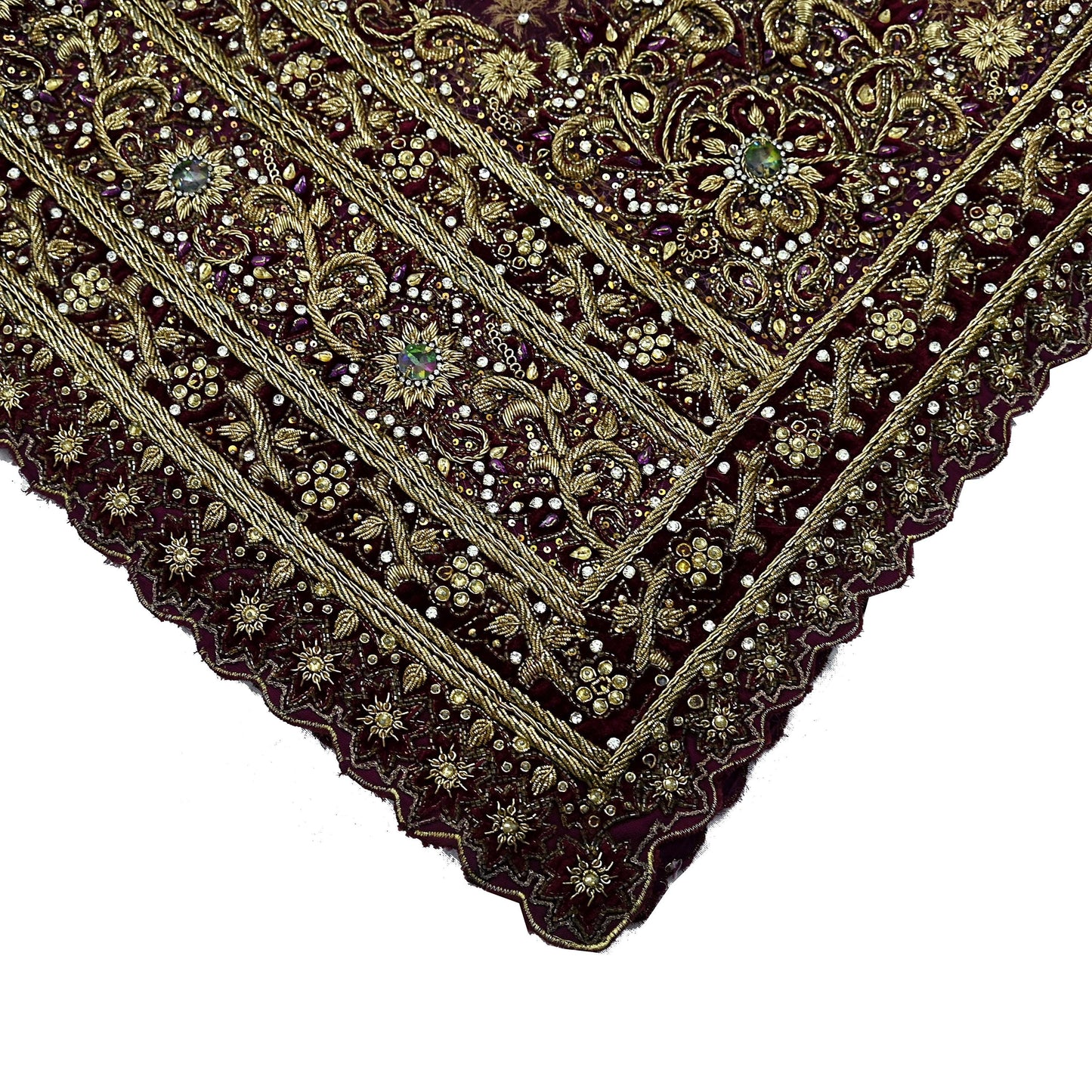 Indian Vintage Heavy Purple Dupatta Net Mesh Long Stole Hand Embroidered Scarves Golden Zardozi Dabka Zari Stole