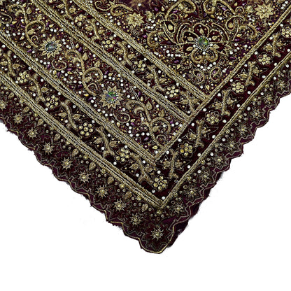 Indian Vintage Heavy Purple Dupatta Net Mesh Long Stole Hand Embroidered Scarves Golden Zardozi Dabka Zari Stole