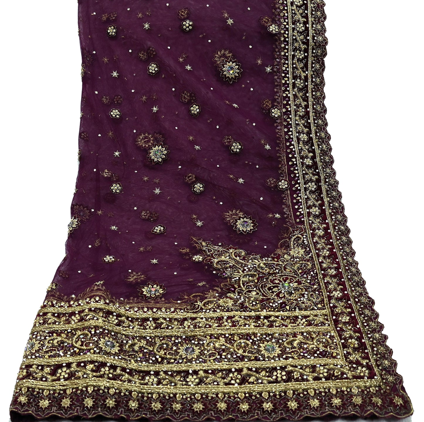 Indian Vintage Heavy Purple Dupatta Net Mesh Long Stole Hand Embroidered Scarves Golden Zardozi Dabka Zari Stole