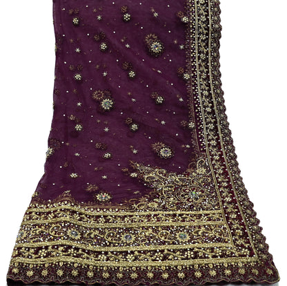 Indian Vintage Heavy Purple Dupatta Net Mesh Long Stole Hand Embroidered Scarves Golden Zardozi Dabka Zari Stole