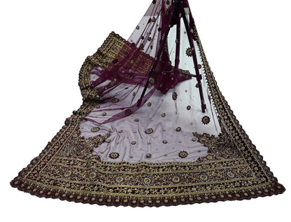 Indian Vintage Heavy Purple Dupatta Net Mesh Long Stole Hand Embroidered Scarves Golden Zardozi Dabka Zari Stole