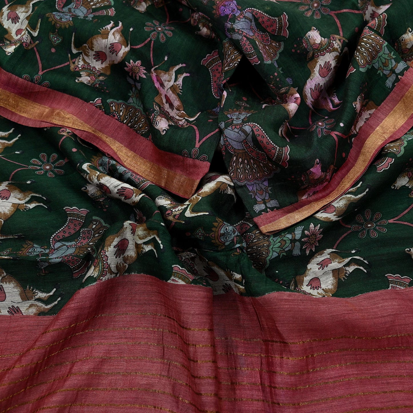 Indian Vintage Dupatta Green & Pink Long Stole Block Print Pure Chanderi Silk Scarves Veil Zari Wrap Hijab