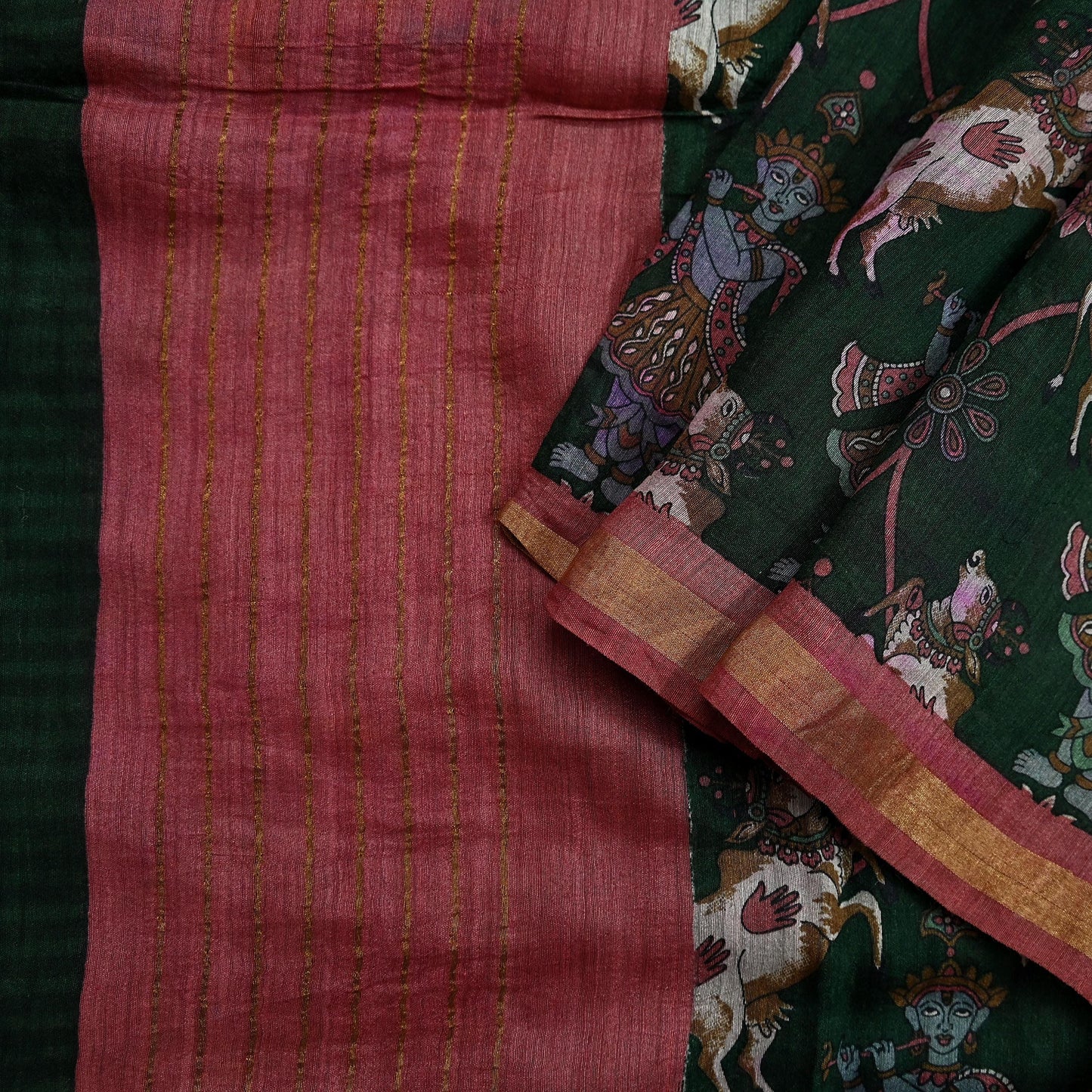 Indian Vintage Dupatta Green & Pink Long Stole Block Print Pure Chanderi Silk Scarves Veil Zari Wrap Hijab