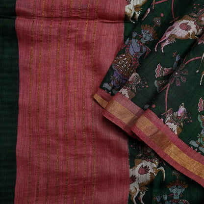 Indian Vintage Dupatta Green & Pink Long Stole Block Print Pure Chanderi Silk Scarves Veil Zari Wrap Hijab